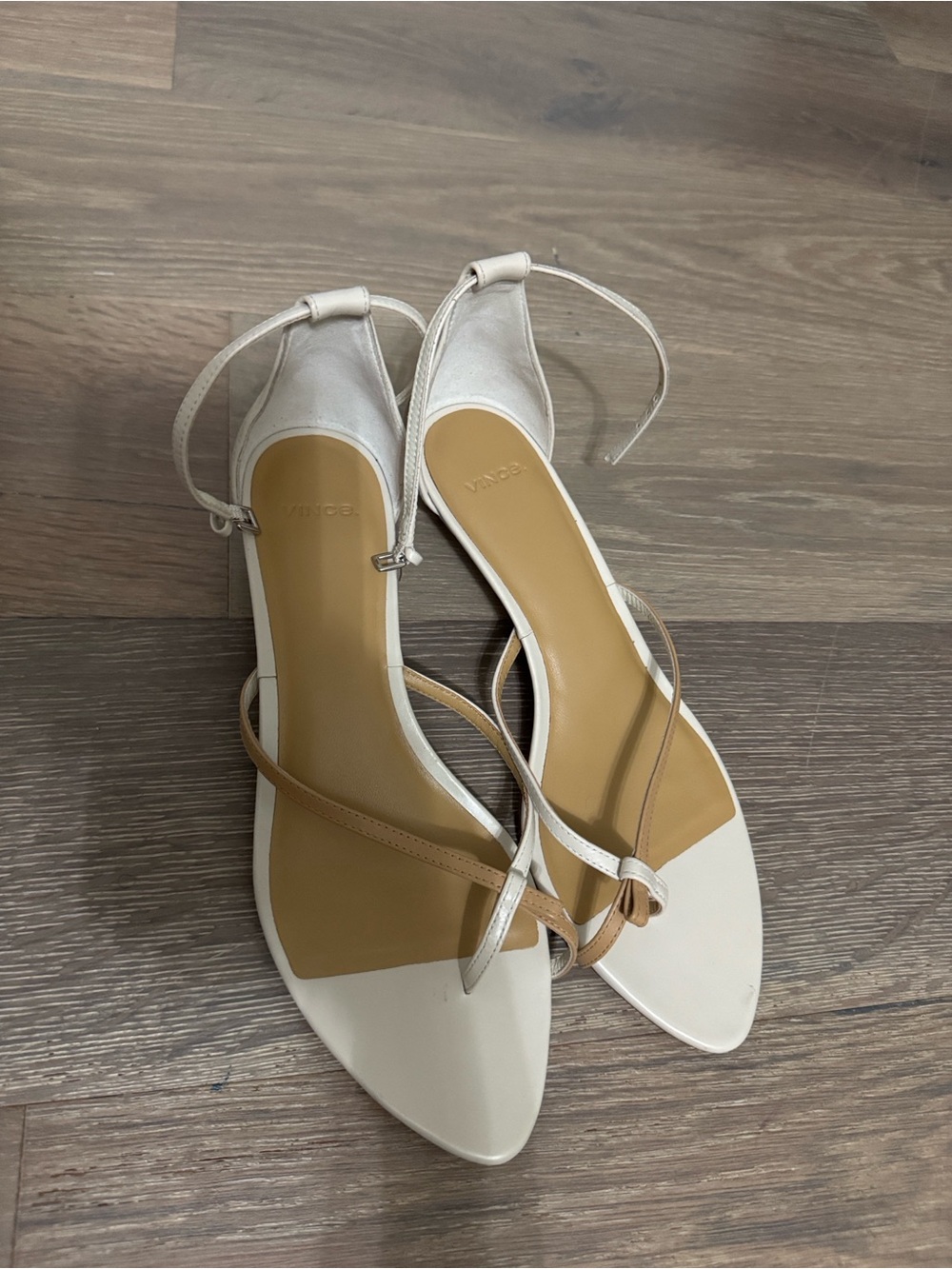 Vince Siri Two-Tone Ankle-Strap Sandals in Ivory and brown
